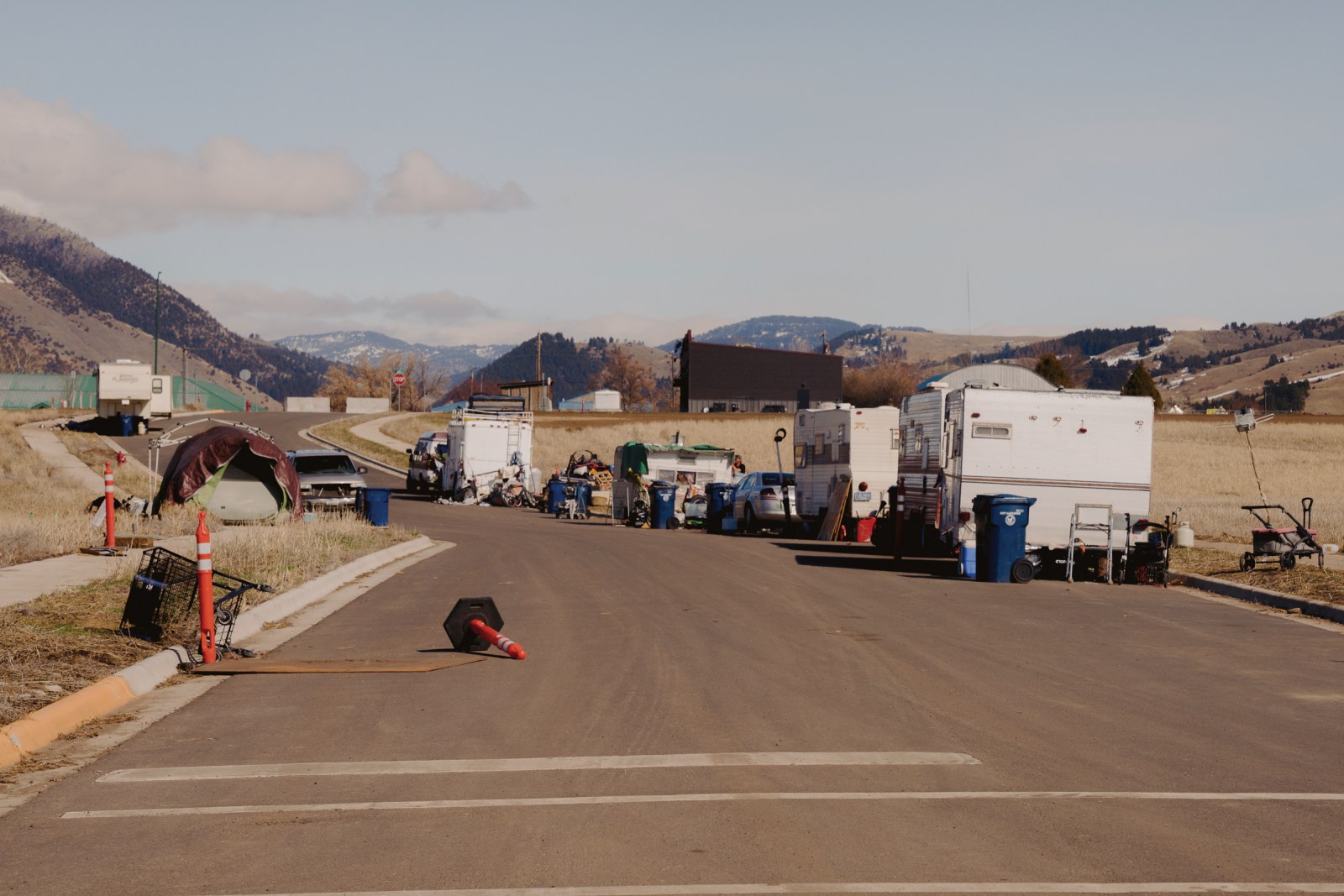 An RV encampment near new housing in Bozeman.