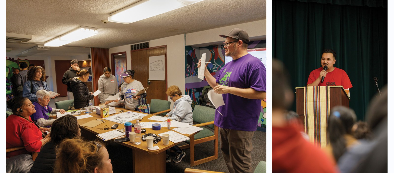 Robin Reichhardt (left) speaks to members of the GES Coalition as they prepare to go door-knocking for their campaign for community ownership of National Western Center land. Community organizer Alfonso Espino speaks at a 2023 mayoral forum in GES (right).