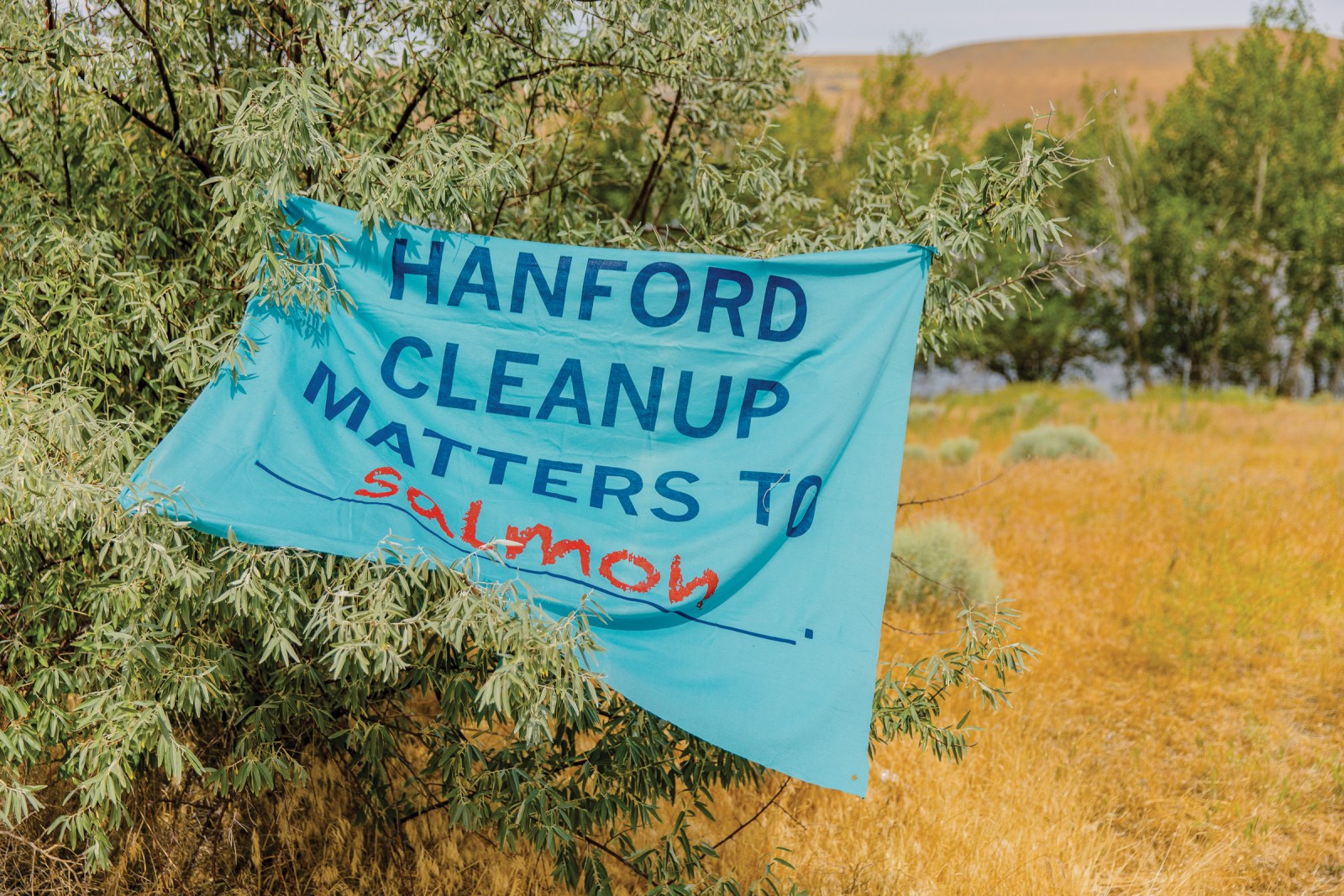 A banner hanging at Hanford Reach, where people gathered to connect with the landscape.