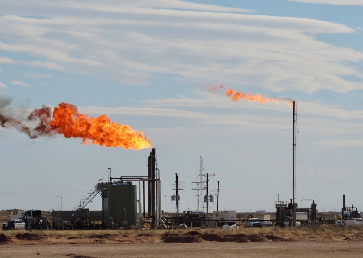 This massive flare and the black smoke coming from the flare stack in New Mexico’s Permian Basin is a sign, according to Wild Earth Guardians, that the flare is not working appropriately and polluting above permitted emission limits.